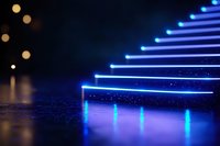 Glowing blue neon lines create futuristic path on dark reflective surface with bokeh lights in background, modern minimalist technological concept for presentations.