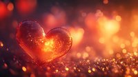 Glowing red heart with sparkling bokeh lights and warm golden background for romantic Valentine's Day celebration and love themed designs.