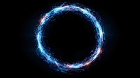 Glowing blue energy circle with electric plasma effect on black background, abstract light ring formation with luminous particles and magical aura.