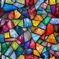 Vibrant stained glass mosaic pattern with colorful geometric shapes and black lines creating a dynamic abstract design. Perfect for modern church windows, decorative backgrounds and artistic projects.