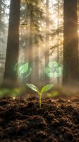 Green seedling growing from soil in sunlit forest with floating recycle symbols representing environmental conservation and sustainable growth concept.