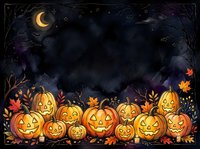 Glowing jack-o-lanterns with autumn leaves arranged at bottom of dark night sky with crescent moon and stars, ideal for seasonal marketing and holiday designs.