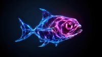 Glowing neon fish with blue and pink luminous effect on dark background, geometric low poly style wireframe design for modern digital art projects.