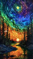 Mystical forest landscape with stained glass effect showing sunset and full moon, pine trees reflecting in water, vibrant aurora colors swirling in night sky.
