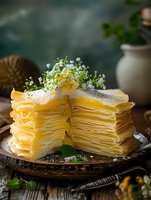 Layered crepe cake with delicate white flowers on rustic plate. Thin golden pancakes stacked with cream filling, dusted with powdered sugar, garnished with fresh blooms.