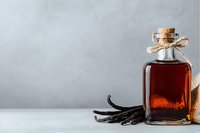 Vintage glass bottle with homemade vanilla extract and aromatic pods on gray background, natural food flavoring and baking ingredient.