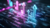 Glowing neon arrows pointing upward on digital circuit background with pink and blue light effects, representing business growth and technological advancement.