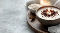 Aromatic soy candle in ceramic bowl decorated with coffee grounds, star anise and salt on wooden tray against grey background, creating cozy atmosphere.