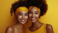 Two young women with yellow headbands and natural curly hair smiling against vibrant yellow background, showcasing friendship and joy.