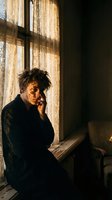 Young man with tousled hair talking on phone by window with warm sunlight streaming through lace curtains creating dramatic shadows in cozy interior room.