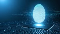 Digital fingerprint scan glowing on futuristic circuit board background with binary code data streams for cybersecurity and biometric authentication systems.