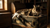 Fluffy tabby cat with long fur relaxing on vintage suitcase in cozy home library with warm sunlight and bookshelves in background.