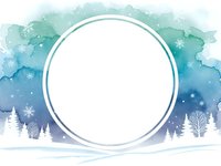Watercolor winter landscape with empty circular frame, snow-covered trees and falling snowflakes for seasonal greeting cards and holiday designs.