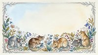 Watercolor woodland animals border frame with rabbits, hedgehogs and floral elements on white background for greeting cards and nursery decor.