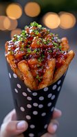 Crispy french fries topped with spicy sweet sauce and green onions in polka dot paper cone, held by hand against blurred bokeh background.