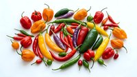 Colorful assortment of fresh hot peppers and chili varieties arranged on white background, including red, orange, yellow, and green peppers for cooking and culinary use.