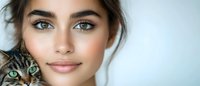 Young brunette woman with natural makeup holding adorable tabby kitten with green eyes in cozy indoor portrait for lifestyle and pet care concepts.