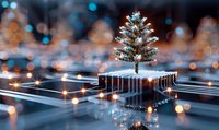 Futuristic miniature Christmas tree on computer circuit board with glowing lights and bokeh effects creates magical holiday technology concept.