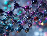 Metallic molecular structure with purple and blue spheres connected by silver rods against blurred bokeh background in turquoise and pink colors.