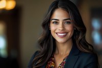 Professional Hispanic businesswoman with wavy dark hair and bright smile wearing navy blazer and floral blouse against blurred office background.