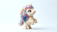 Cute cartoon unicorn character with rainbow mane and silver horn isolated on white background for children design projects and fantasy themes.