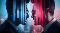 Dramatic profile portrait of businessman in suit with creative split lighting effect showing duality concept through red and blue color scheme and vertical line pattern.