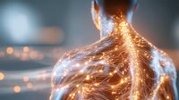 Glowing silhouette of person with luminous energy streams and light particles flowing through transparent body shape against dark background.