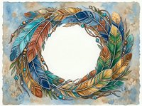 Colorful feather wreath with ornate patterns on textured background, bohemian tribal style frame for spiritual and decorative design projects.
