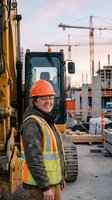 Smiling female construction worker in safety gear standing beside excavator at busy building site with cranes in background during golden hour.