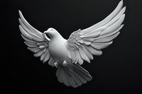 White dove in flight with spread wings against dark background, detailed relief sculpture style artwork showing graceful movement and peace symbolism.