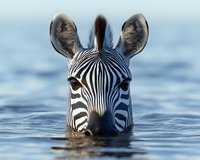 Close up portrait of zebra swimming in water with head above surface showing distinctive black and white striped pattern against blue background.