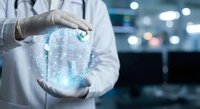 Medical professional in white coat and gloves holding glowing digital brain hologram with neural network connections in modern laboratory setting for healthcare technology.