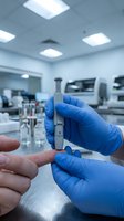 Medical researcher in blue gloves handling laboratory pipette in modern clinical research facility for scientific testing and analysis.