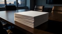 Stack of white paper documents on wooden conference table in modern office boardroom with city skyline view through windows during sunset hour.