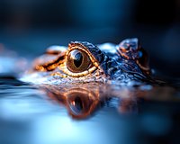 Close-up view of an alligator eye partially submerged in water with reflection, showing detailed scales and amber iris against dark blue background.