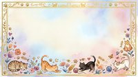 Adorable cats playing with yarn balls and flowers in decorative golden frame border with pastel background for greeting cards and invitations.