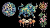Taurus zodiac sign symbol with decorative bull, ornamental mandala, Chinese lanterns, and floral elements isolated on transparent background. Ready for t-shirt design, clipart, stickers, sublimation, and print-on-demand products.