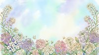 Soft watercolor floral border with hydrangeas, wildflowers, and butterflies in pastel tones, framing a light sky background with copy space.