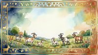 Herd of goats grazing in pastoral countryside landscape with ornate decorative border frame, suitable for farm, agriculture, and rustic design projects.