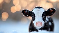 Young Holstein calf with snow-covered ears gazing at camera against blurred golden bokeh background during winter sunset, close up portrait of dairy cow face.