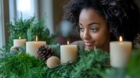 Young African American woman smiling behind advent wreath with four burning candles, pine cones and natural decorations, celebrating holiday season near window.