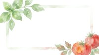 Fresh ripe tomatoes with green basil leaves and watercolor botanical elements frame a blank white space for text, perfect for recipe cards, food blogs, and culinary designs.