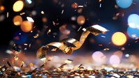 Flying golden ribbons with glitter and confetti against dark background with colorful bokeh lights creating festive celebration atmosphere.