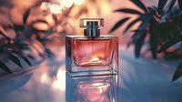 Elegant glass perfume bottle with coral-pink fragrance reflecting on glossy surface against blurred tropical leaves and sunset bokeh background.