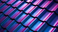 Neon glowing roof tiles in vibrant magenta and cyan create a futuristic architectural pattern with metallic sheen and depth for modern design projects.