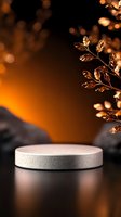 Elegant round silver podium with golden leaves decoration against dark background with warm orange bokeh lights, creating luxurious product display setting.