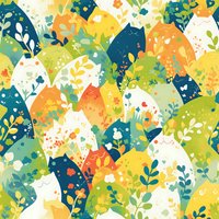 Seamless floral pattern with overlapping curved shapes in teal, orange, yellow and white, decorated with delicate leaves and tiny flowers. Tiles into continuous background.