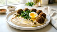 Middle Eastern falafel plate with creamy hummus, soft-boiled egg and fresh herbs on white dish. Traditional Mediterranean vegetarian meal for healthy dining.
