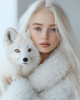 Young blonde woman holding white arctic fox in cozy winter portrait showcasing bond between human and wildlife in soft natural lighting for lifestyle content.