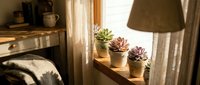 Cozy home interior with succulent plants on wooden windowsill in warm sunlight creating peaceful atmosphere for relaxation and mindfulness.